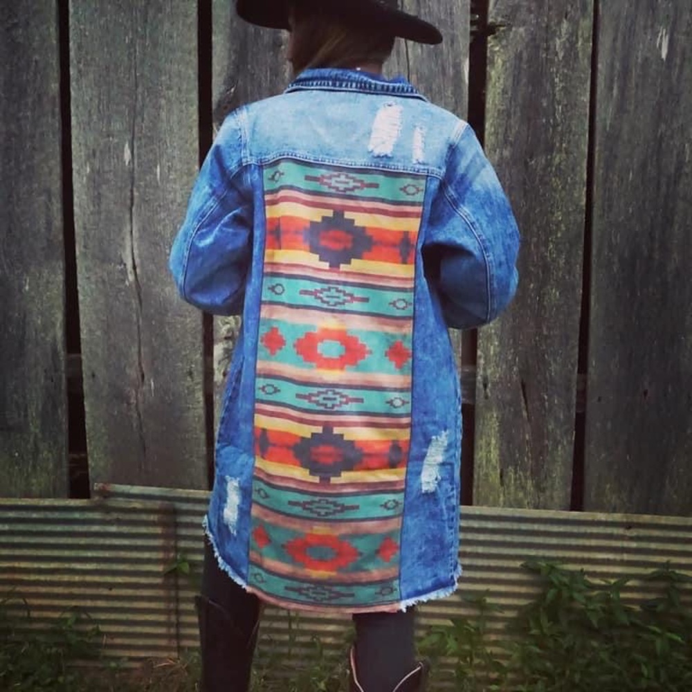 Western Aztec Denim Button Jacket with pockets